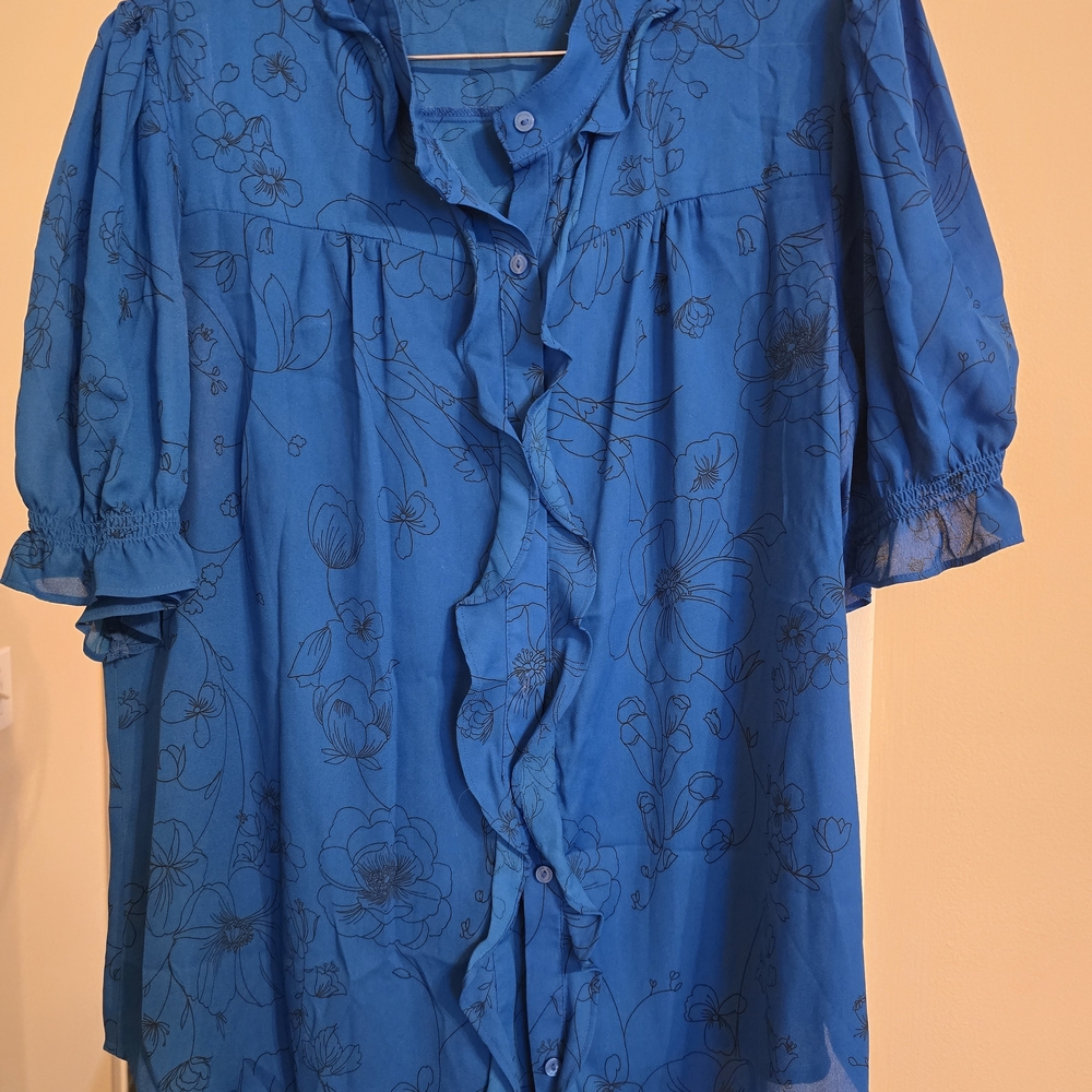 Worthington Blue Floral Blouse with Ruffle Trim
